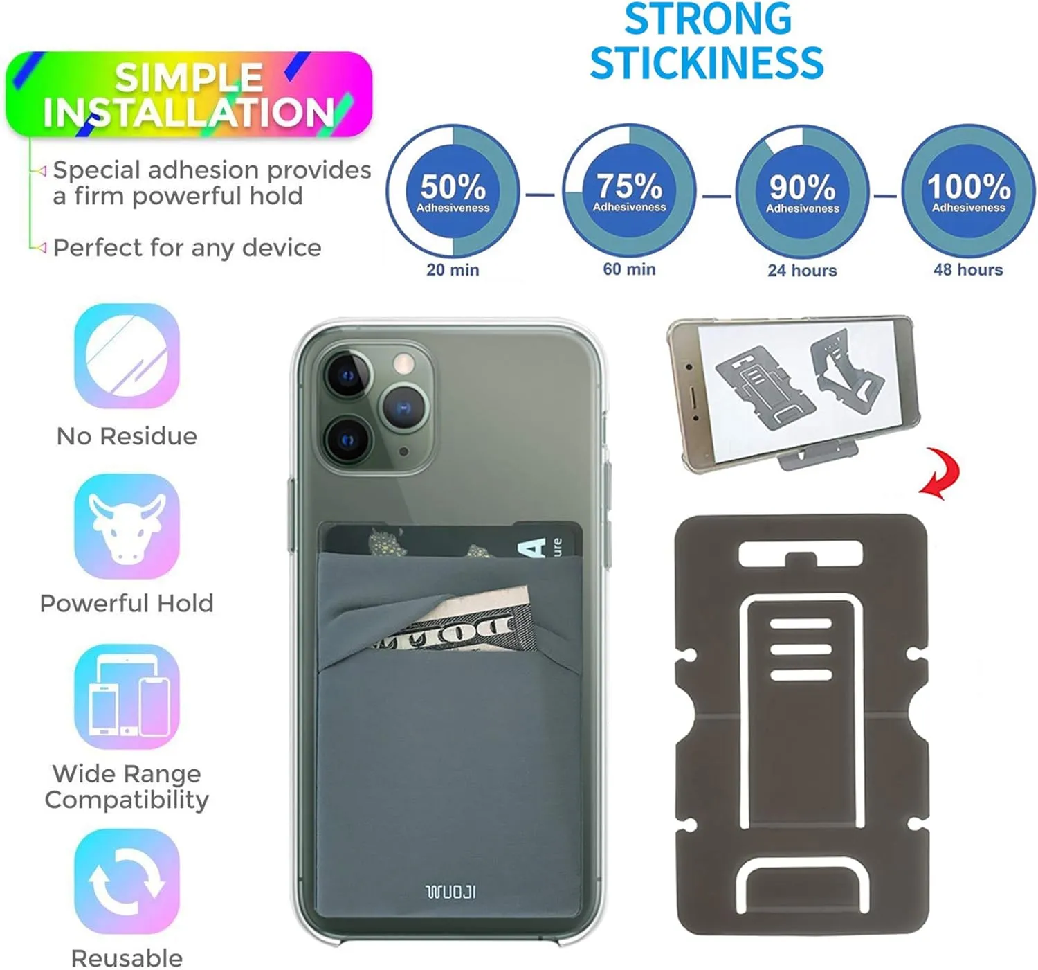 RFID Blocking Phone Card Wallet - Double Secure Pocket - Ultra-Slim Self Adhesive Credit Card Holder Card Sleeves Phone Wallet Sticker All Smartphones (Black Gray Purple)-3PC