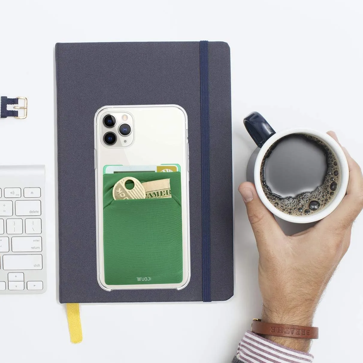 RFID Blocking Phone Card Wallet - Double Secure Pocket - Ultra-Slim Self Adhesive Credit Card Holder Card Sleeves Phone Wallet Sticker All Smartphones (Green)-2PC