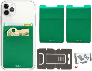 RFID Blocking Phone Card Wallet - Double Secure Pocket - Ultra-Slim Self Adhesive Credit Card Holder Card Sleeves Phone Wallet Sticker All Smartphones (Green)-2PC