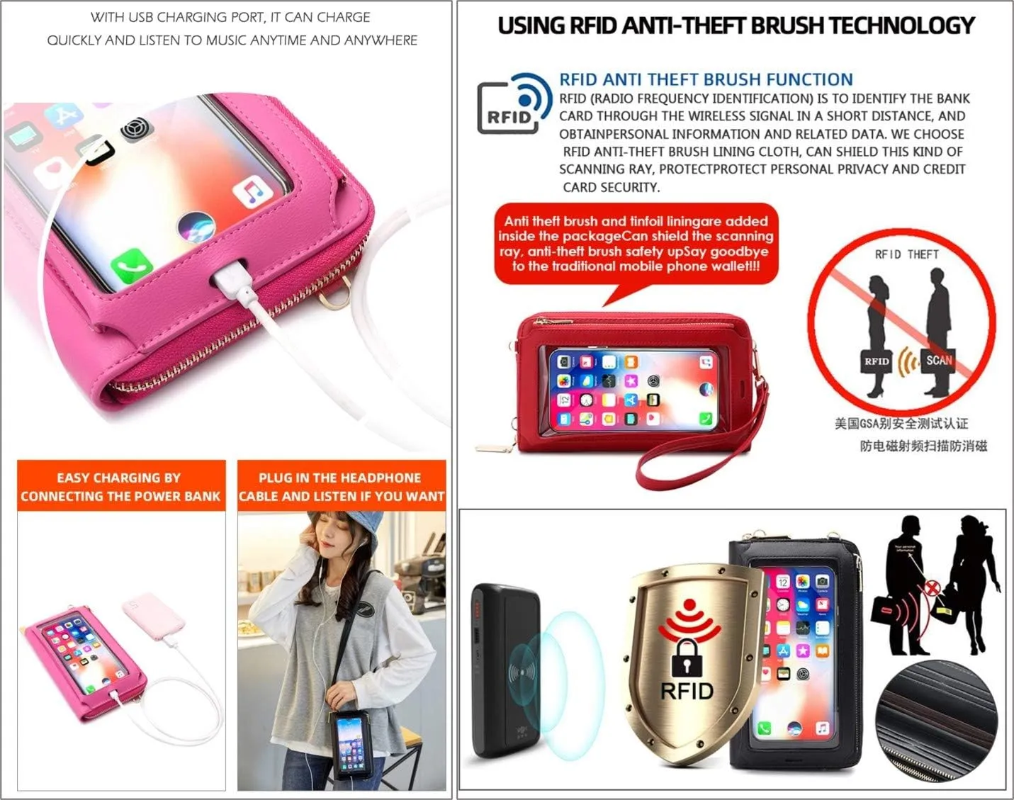 RFID Blocking Touch Screen Phone Bag Small Crossbody Bag Shoulder Handbag Wristlet for Women