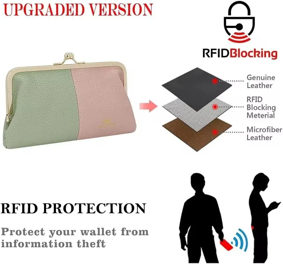 RFID Contrast Clutch Purses for Women, Leather Evening Bag with Kiss Lock, Multi Layer Mobile Phone Wallet