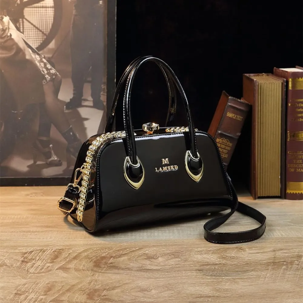 Rhinestone Buckle Shoulder Bag For Women's Leather Clip Shaped Top Handle Satchel Handbags Purses Hard Tote Bags