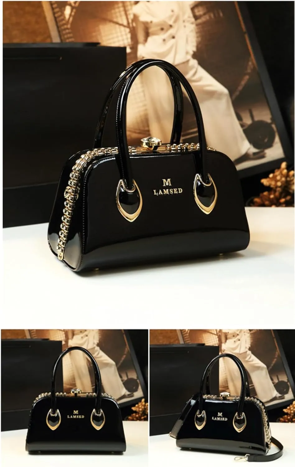 Rhinestone Buckle Shoulder Bag For Women's Leather Clip Shaped Top Handle Satchel Handbags Purses Hard Tote Bags