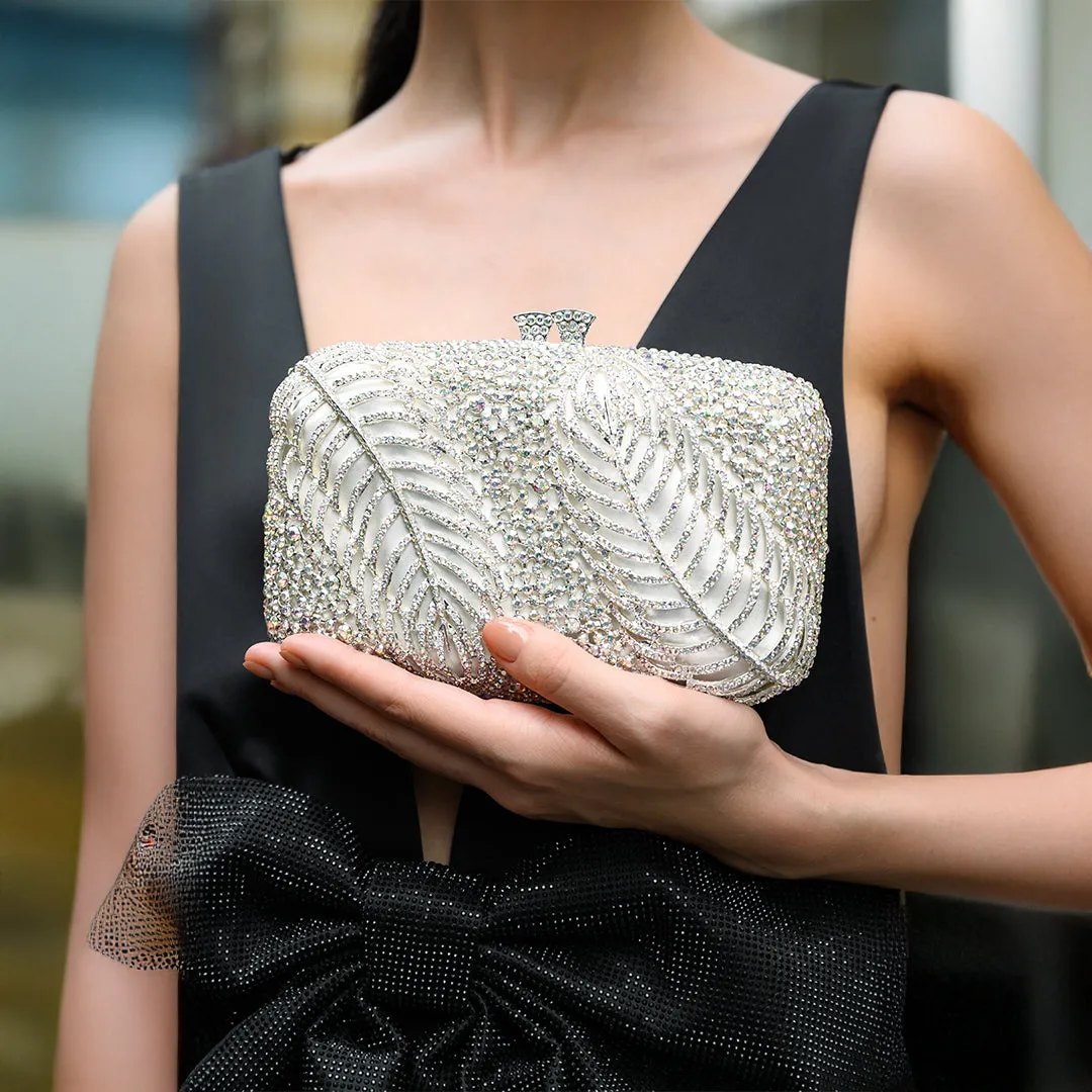 Rhinestone Embellished Evening Clutch Bag – Sparkling Leaf Pattern
