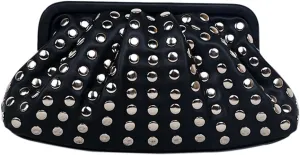 Rivet Studded Black Clutch Purse for Women, Evening & Day Use, Faux Leather Magnetic Closure