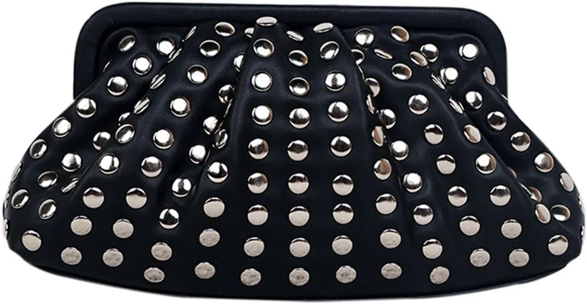 Rivet Studded Black Clutch Purse for Women, Evening & Day Use, Faux Leather Magnetic Closure