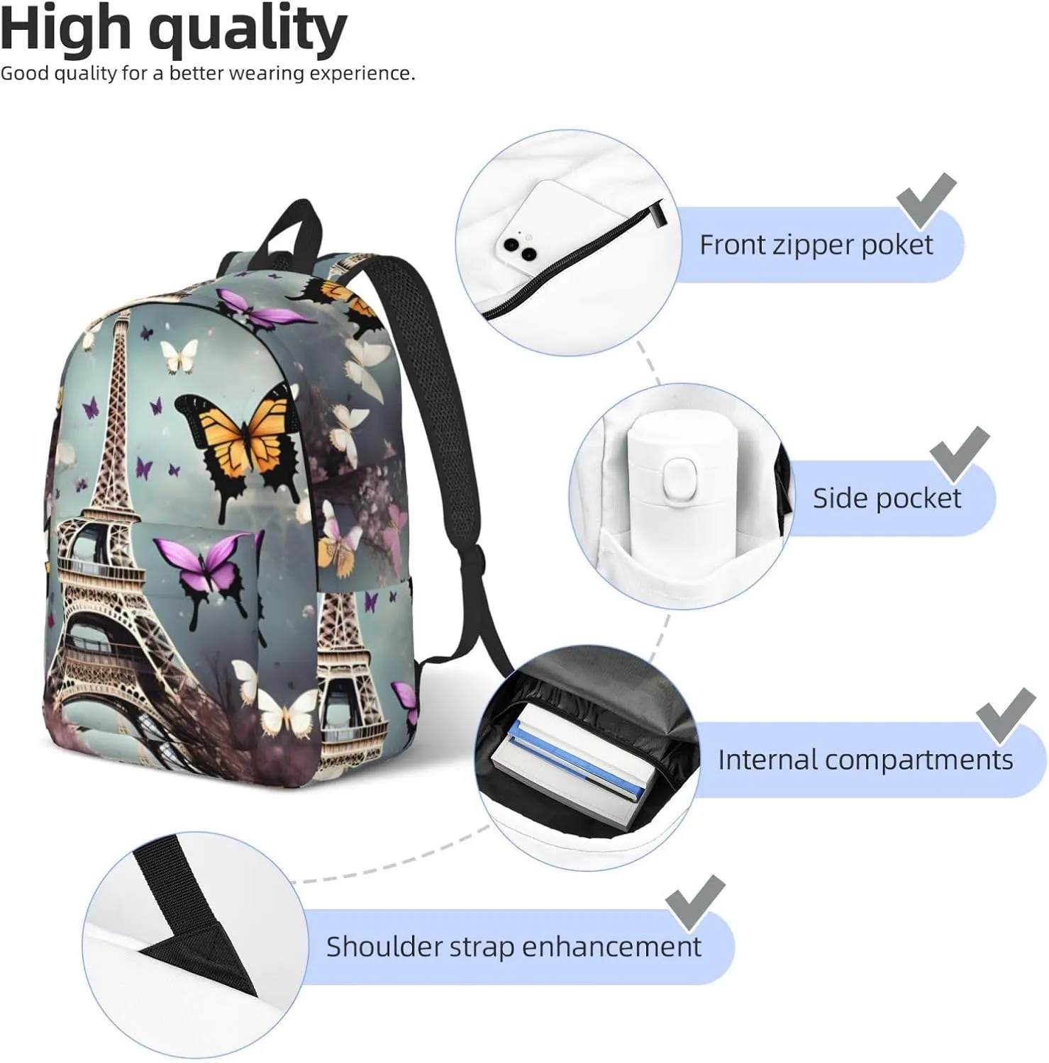 Romantic Paris Butterfly Eiffel print Duffel Bag, Lightweight Duffel Bag, Casual Backpack, 17.7 x 6.3 x 12.2 inches