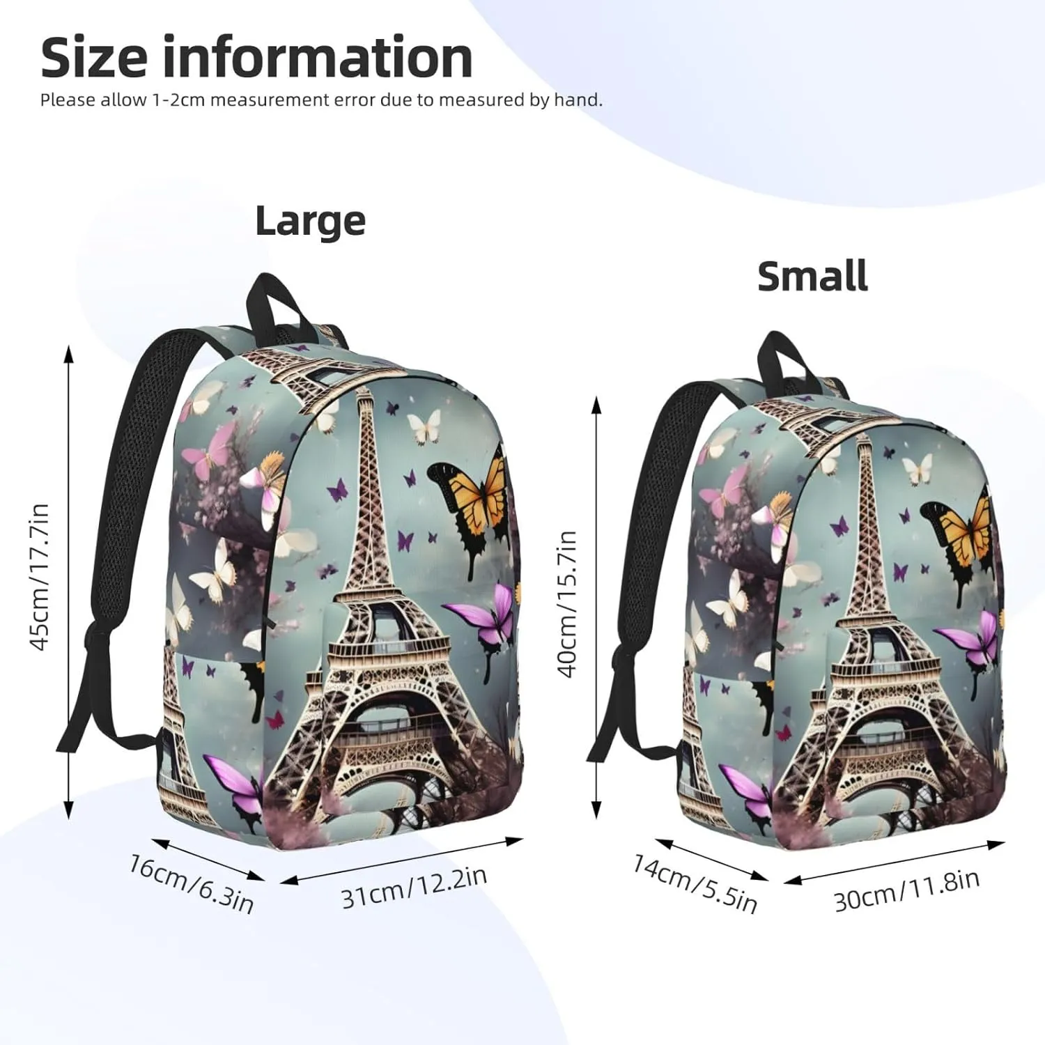 Romantic Paris Butterfly Eiffel print Duffel Bag, Lightweight Duffel Bag, Casual Backpack, 17.7 x 6.3 x 12.2 inches