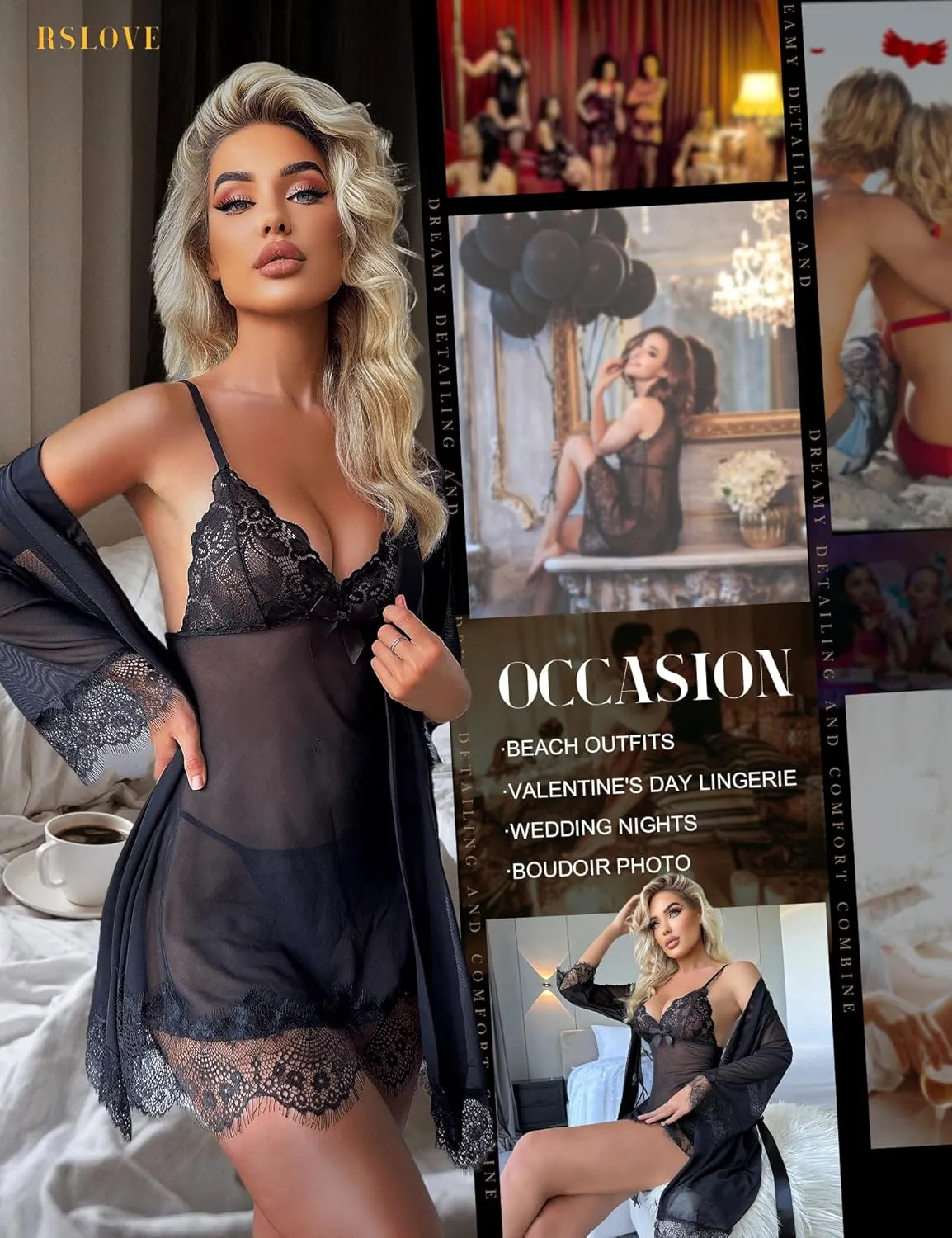RSLOVE Women Sexy Lingerie Set 3 Piece Babydoll & Lace Kimono Robe Strap Chemise Sleepwear Mesh Nightgown
