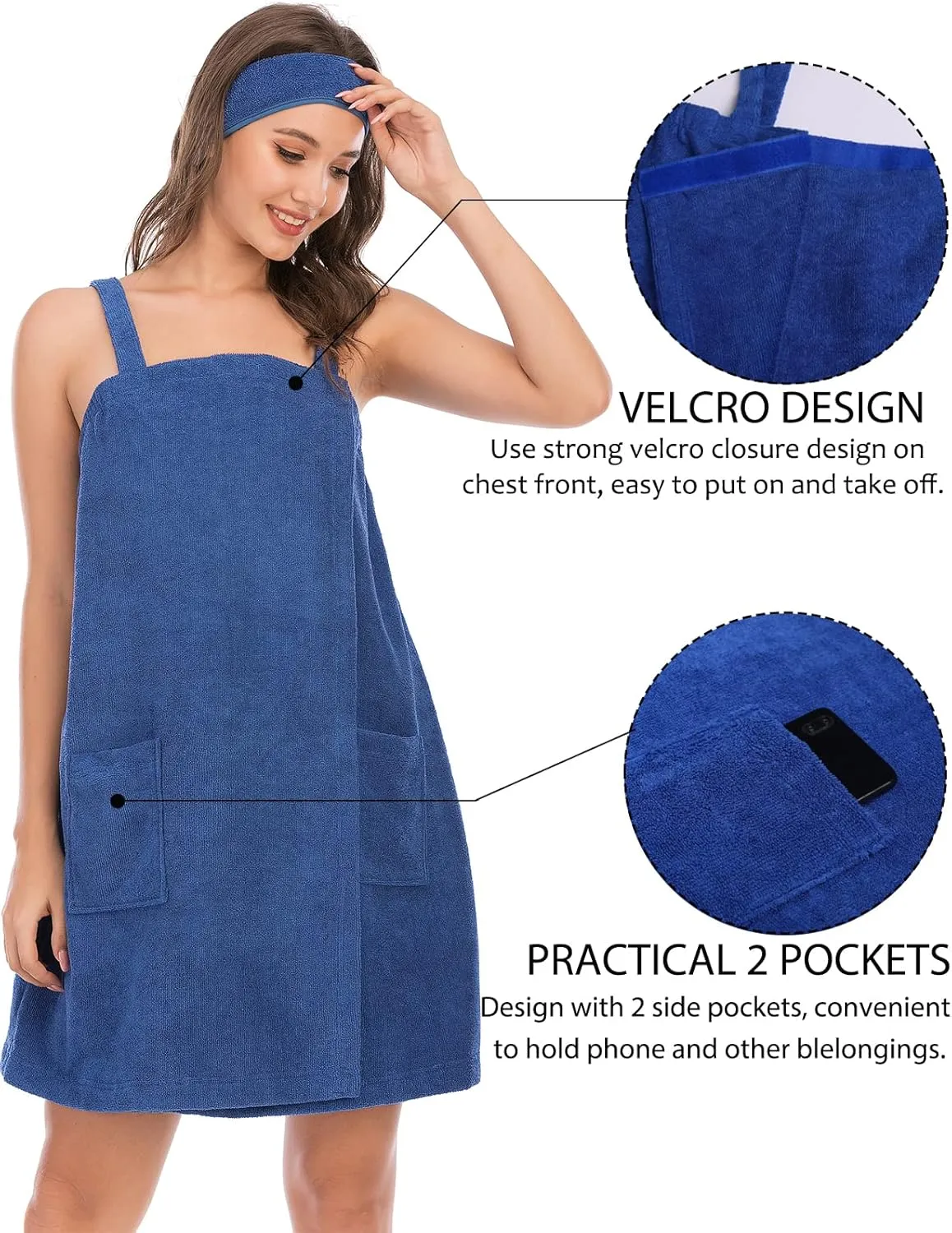 Rubehoow Robe Women's Towel Wrap Bathrobe with Adjustable Velcro Closure with Pockets & Facial Hairband