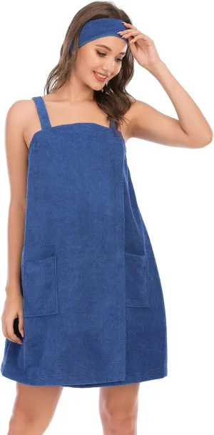 Rubehoow Robe Women's Towel Wrap Bathrobe with Adjustable Velcro Closure with Pockets & Facial Hairband
