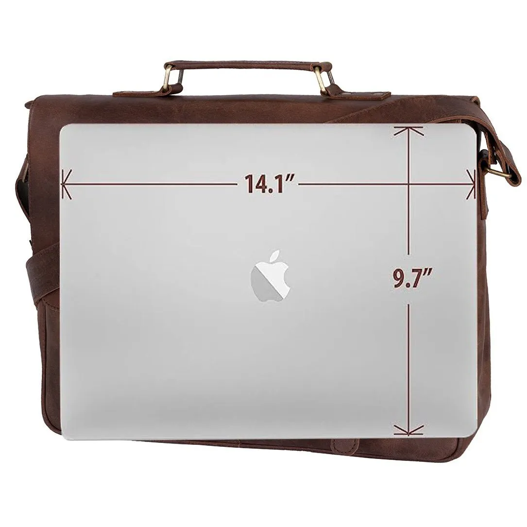 Rustic Distressed Brown Leather Laptop Messenger Bag for Men & Women