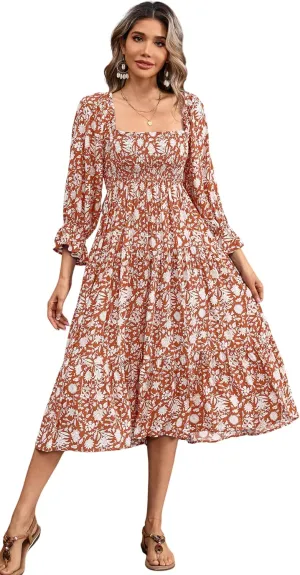R.Vivimos Women's Summer Cotton Plaid Puff Sleeves Bow Casual Off-Shoulder Boho Midi Dress