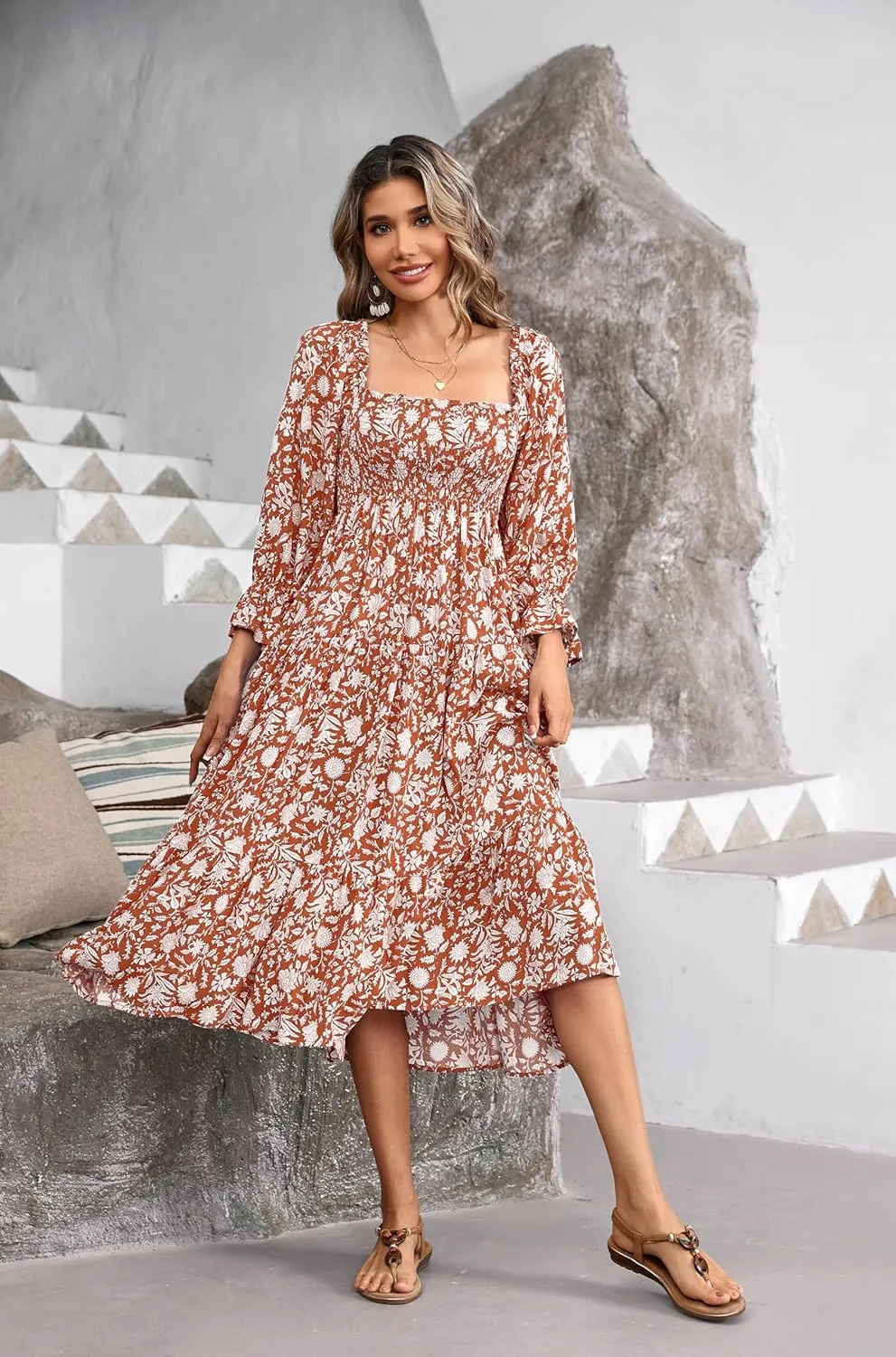R.Vivimos Women's Summer Cotton Plaid Puff Sleeves Bow Casual Off-Shoulder Boho Midi Dress
