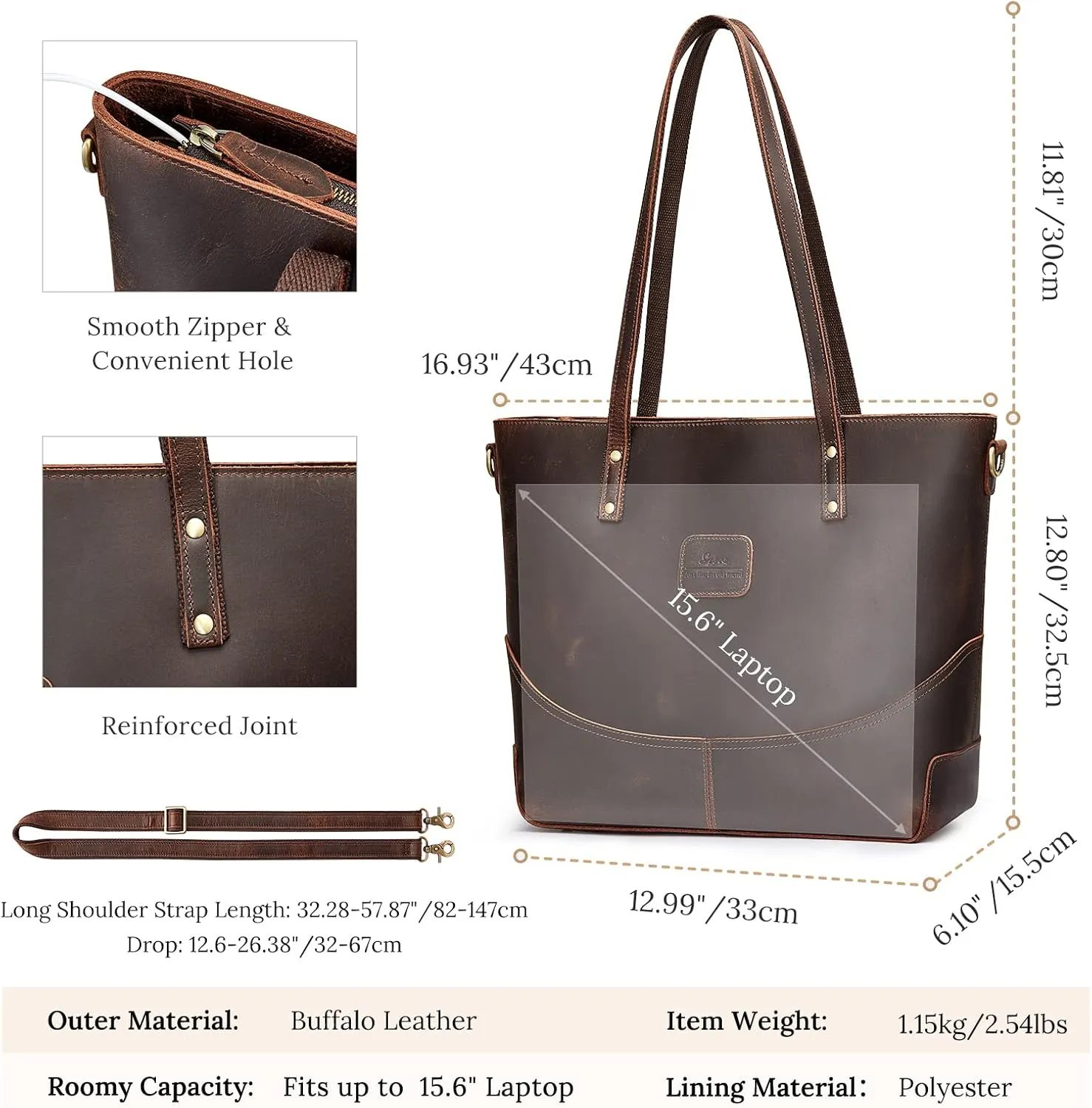 S-ZONE Genuine Leather Tote Bag for Women Large Crossbody Shoulder Work Purses and Handbags