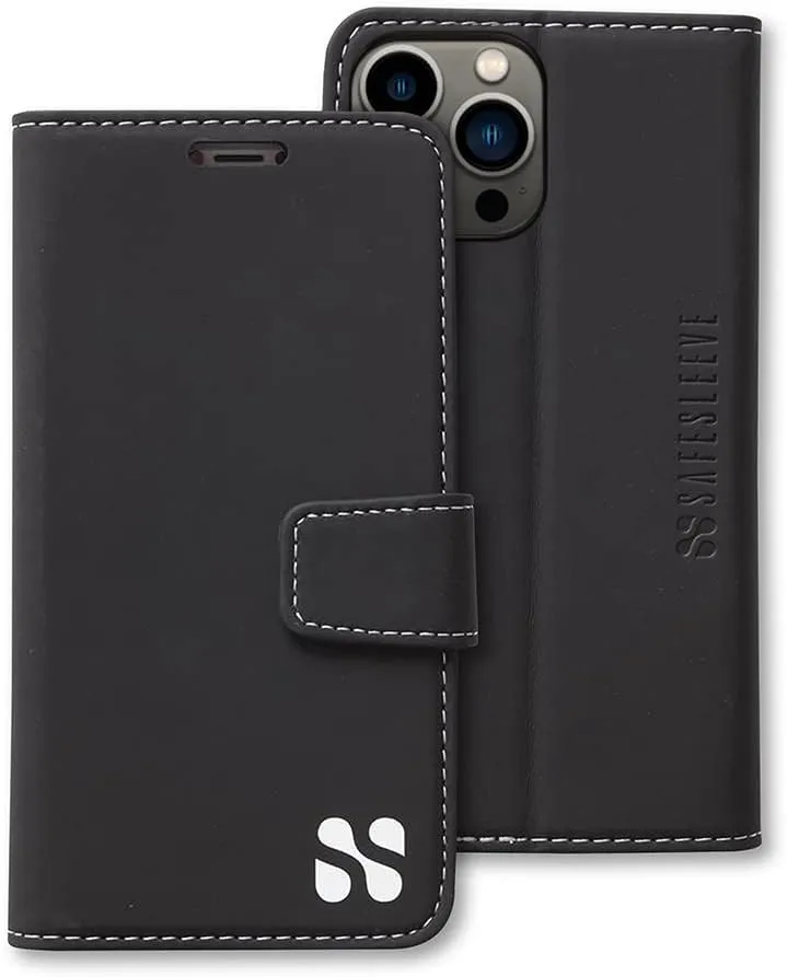 SafeSleeve EMF Protection Anti Radiation for iPhone 16 Pro Case, RFID EMF Blocking, Card Holder Wallet, Vegan Leather, Adjustable Stand Cell Phone Case, for Women & Men (Black)