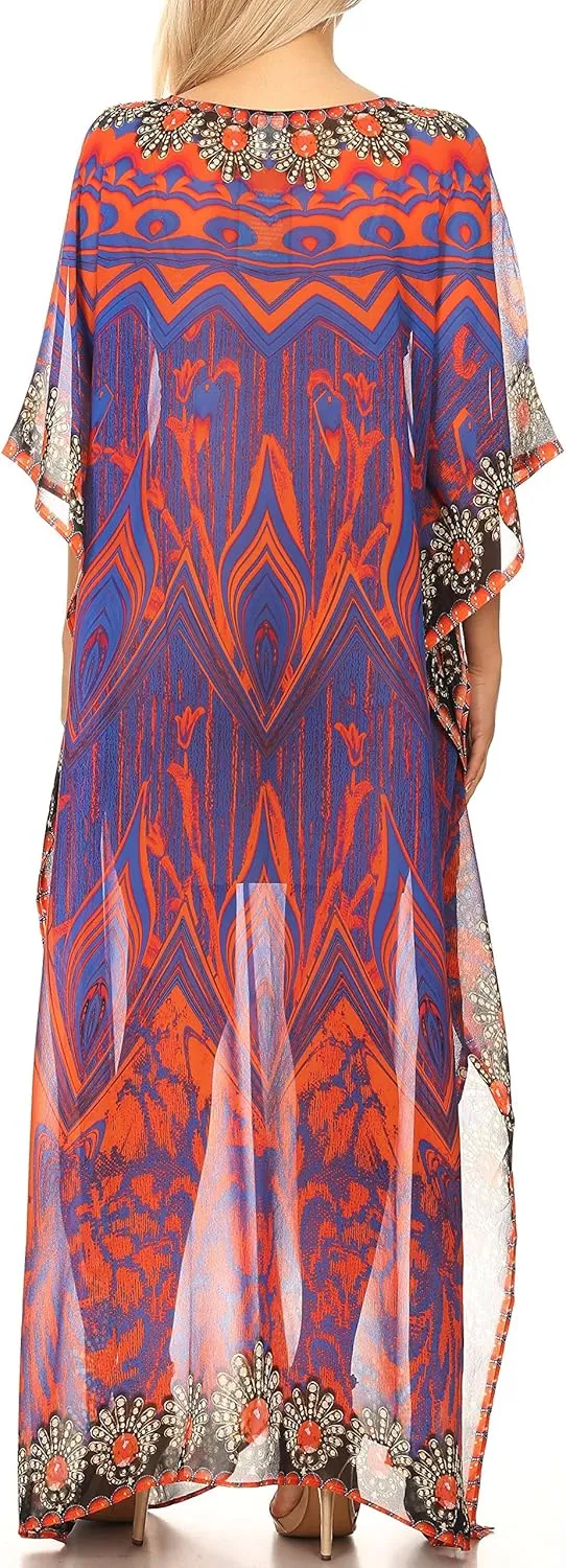 Sakkas Wilder Printed Design Long Sheer Rhinestone Caftan Dress/Cover Up