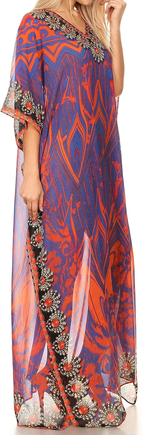 Sakkas Wilder Printed Design Long Sheer Rhinestone Caftan Dress/Cover Up