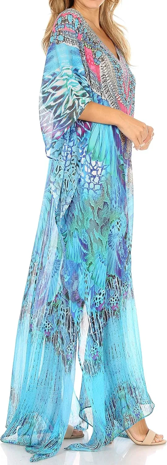 Sakkas Wilder Printed Design Long Sheer Rhinestone Caftan Dress/Cover Up