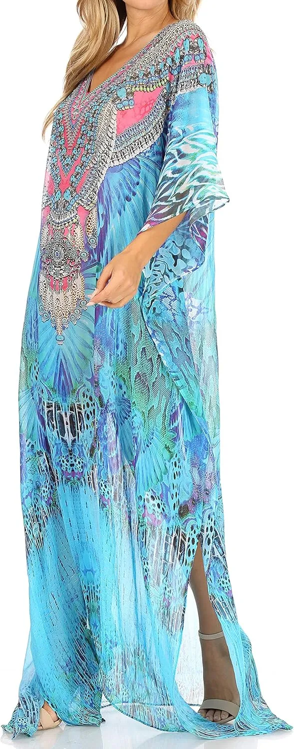Sakkas Wilder Printed Design Long Sheer Rhinestone Caftan Dress/Cover Up