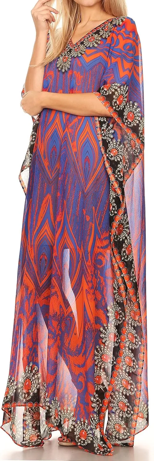 Sakkas Wilder Printed Design Long Sheer Rhinestone Caftan Dress/Cover Up