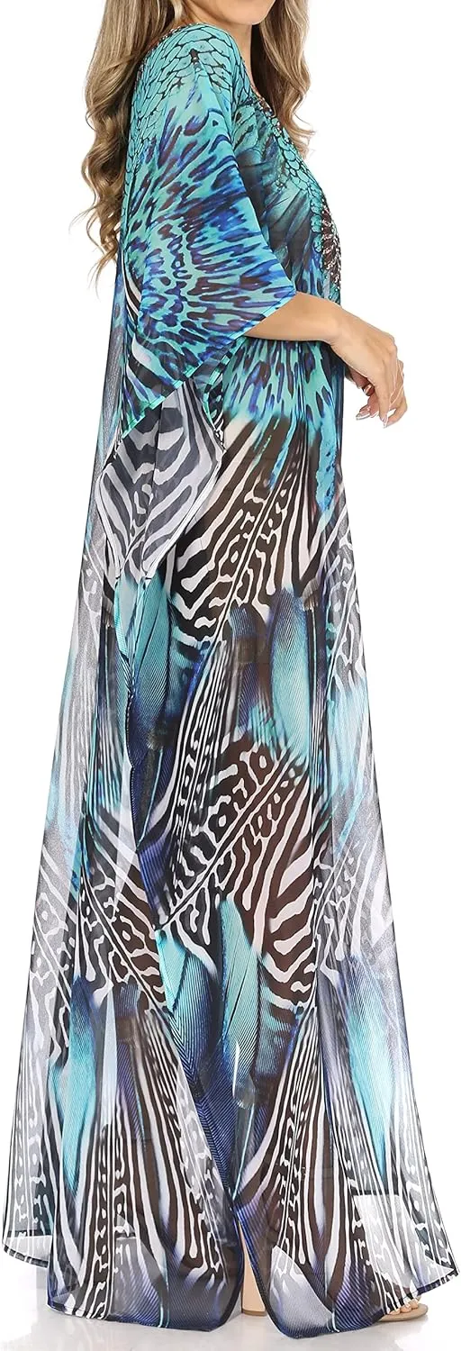Sakkas Wilder Printed Design Long Sheer Rhinestone Caftan Dress/Cover Up