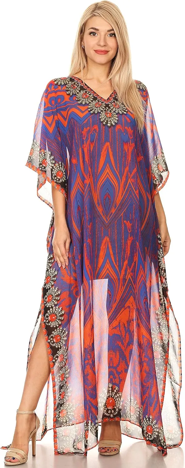 Sakkas Wilder Printed Design Long Sheer Rhinestone Caftan Dress/Cover Up