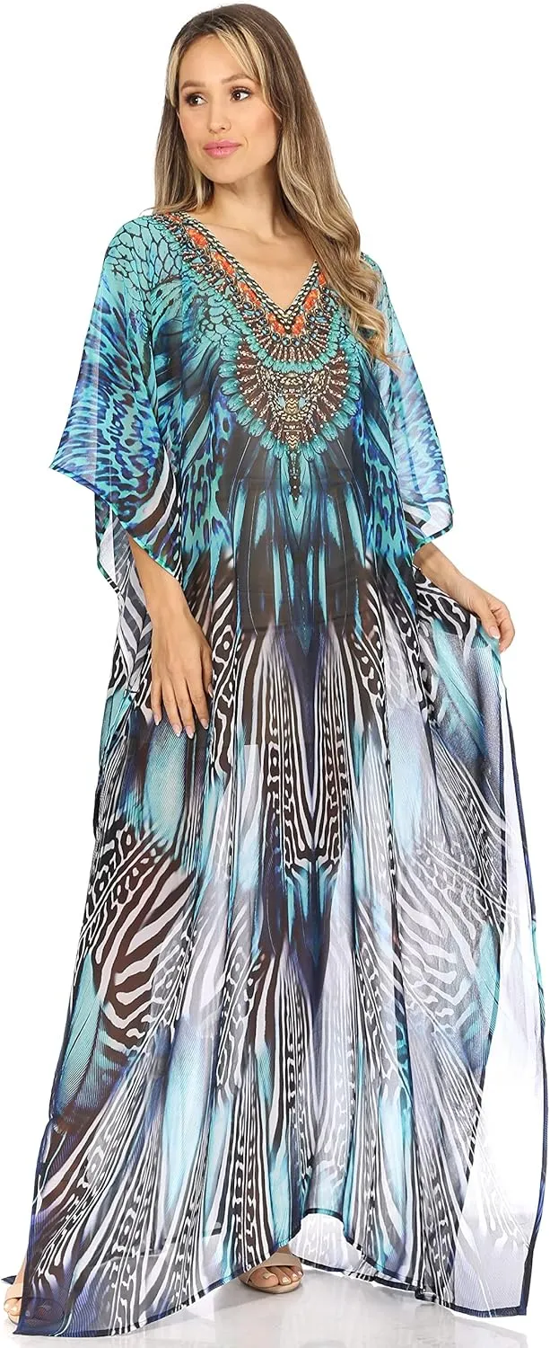 Sakkas Wilder Printed Design Long Sheer Rhinestone Caftan Dress/Cover Up