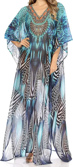 Sakkas Wilder Printed Design Long Sheer Rhinestone Caftan Dress/Cover Up
