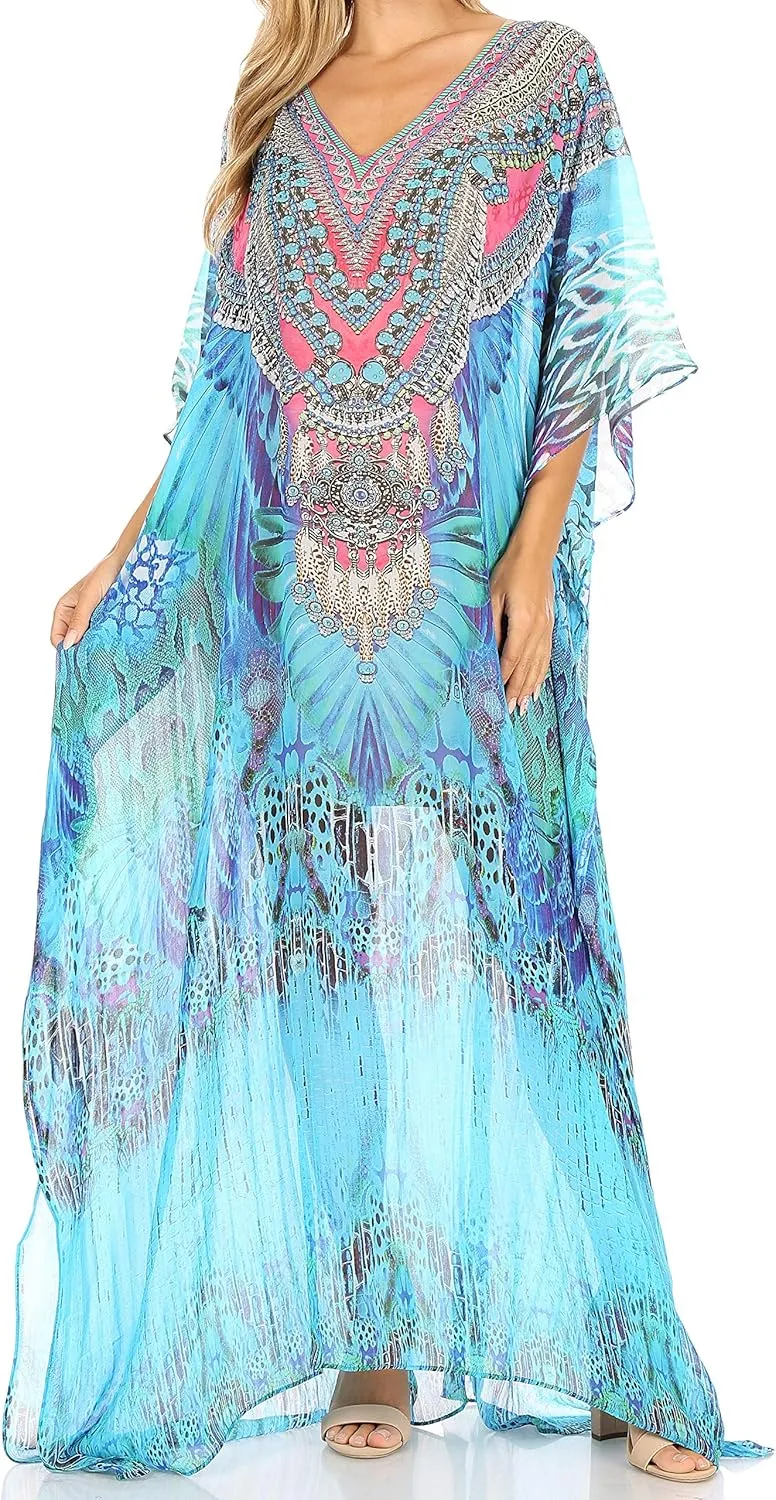 Sakkas Wilder Printed Design Long Sheer Rhinestone Caftan Dress/Cover Up
