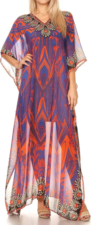 Sakkas Wilder Printed Design Long Sheer Rhinestone Caftan Dress/Cover Up