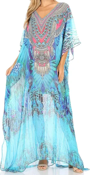 Sakkas Wilder Printed Design Long Sheer Rhinestone Caftan Dress/Cover Up