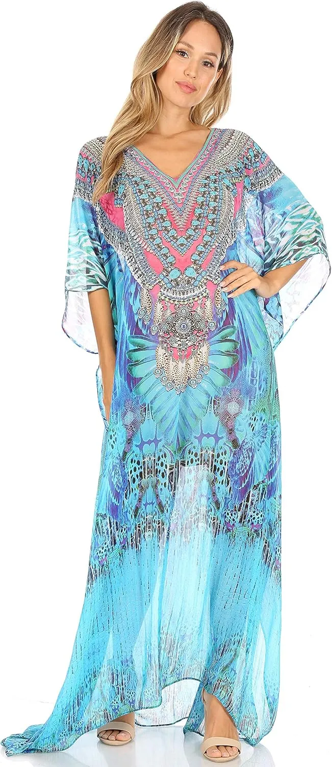 Sakkas Wilder Printed Design Long Sheer Rhinestone Caftan Dress/Cover Up
