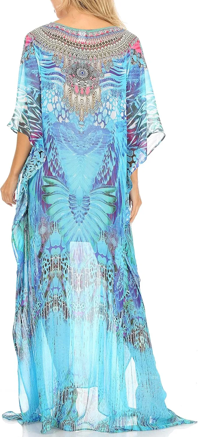 Sakkas Wilder Printed Design Long Sheer Rhinestone Caftan Dress/Cover Up