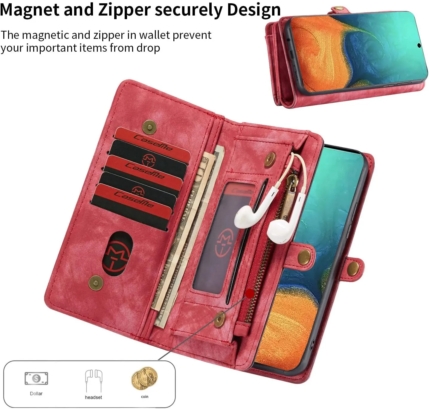 Samsung A71 5G Wallet Leather Case Detachable Magnetic Zipper Flip Case 11 Card Slots Holder Wrist Strap Handle Shockproof Cover Pocket Wallet Handbag for Samsung A71 5G (Red, A71 5G)