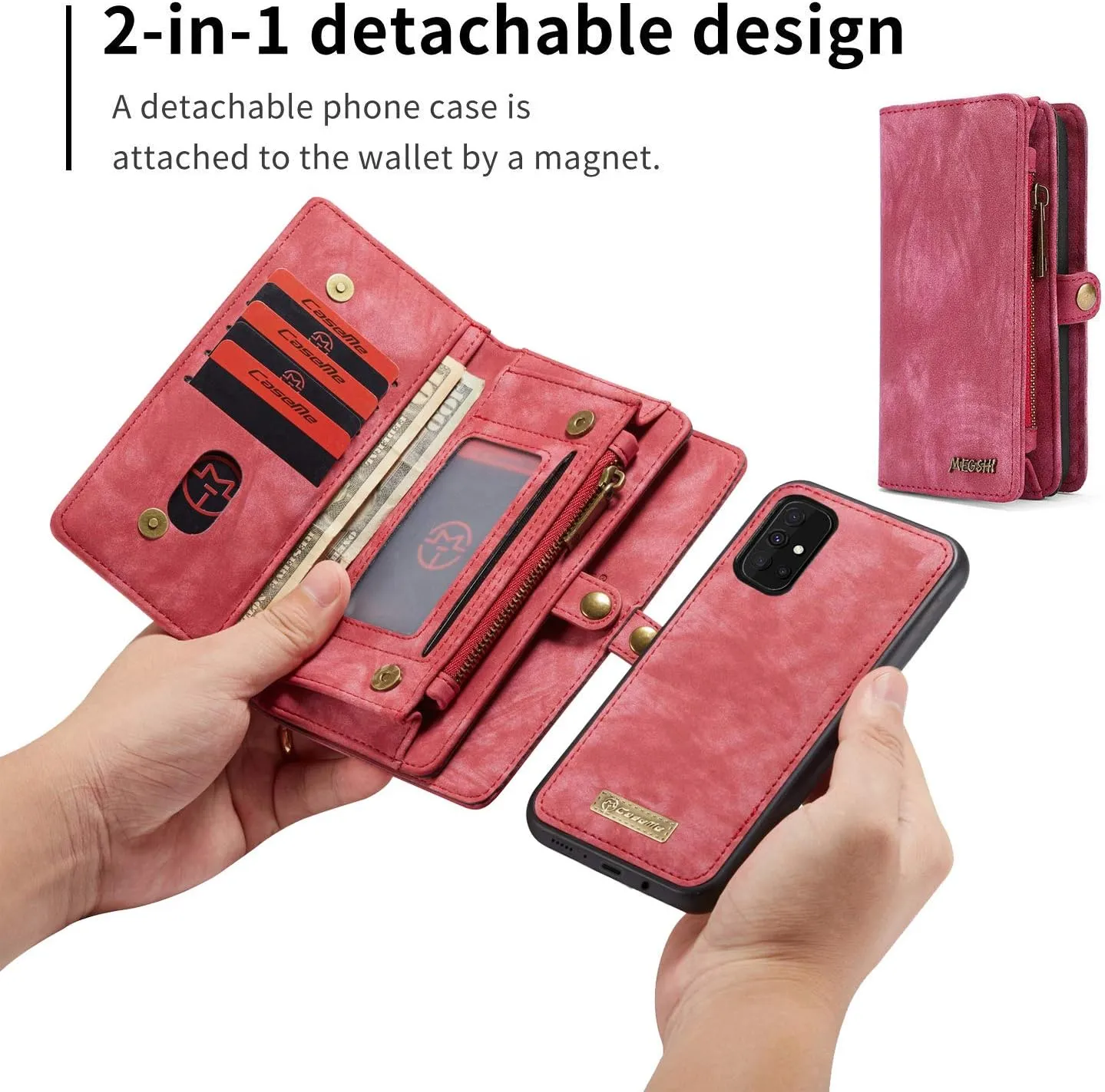 Samsung A71 5G Wallet Leather Case Detachable Magnetic Zipper Flip Case 11 Card Slots Holder Wrist Strap Handle Shockproof Cover Pocket Wallet Handbag for Samsung A71 5G (Red, A71 5G)