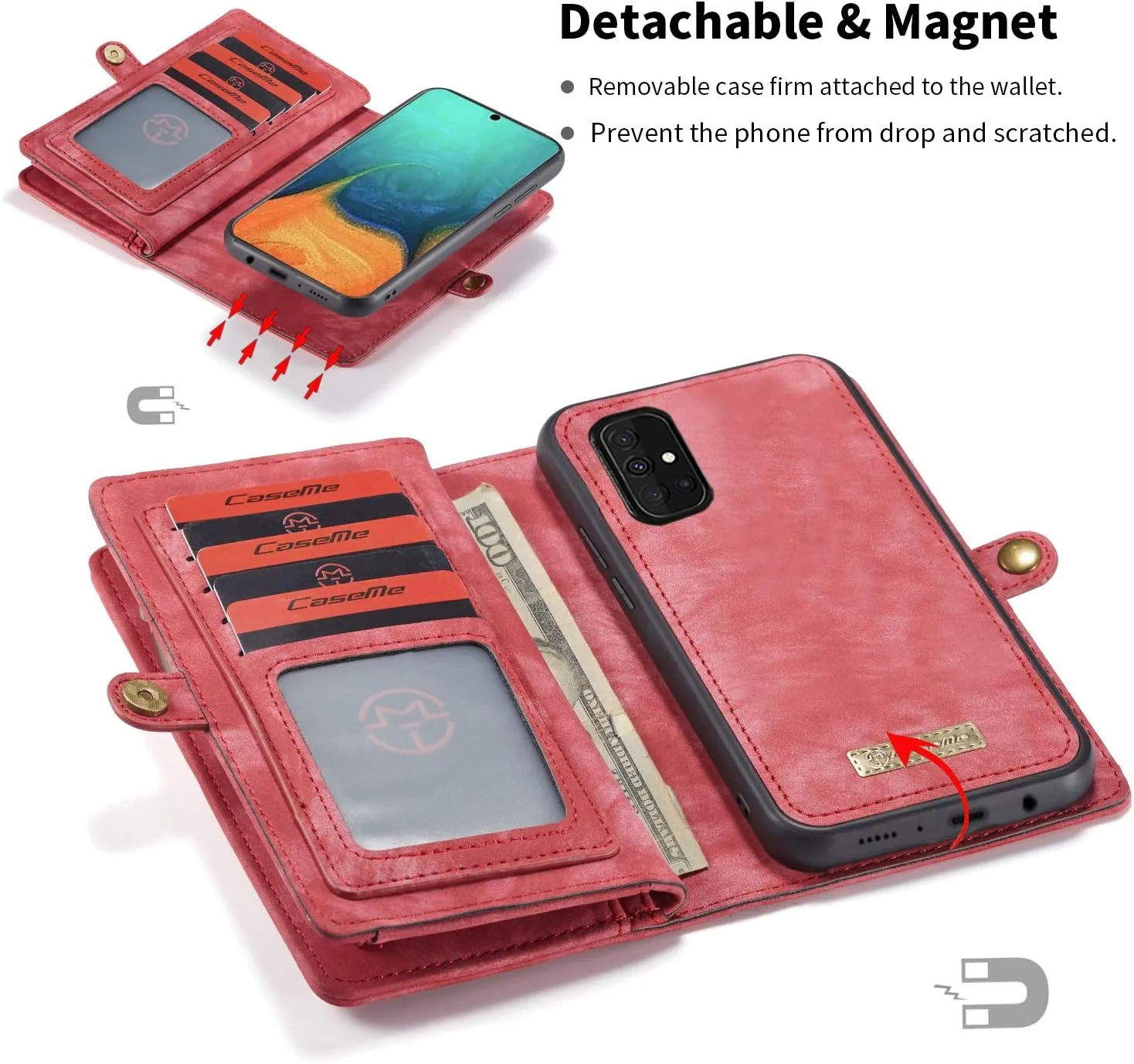 Samsung A71 5G Wallet Leather Case Detachable Magnetic Zipper Flip Case 11 Card Slots Holder Wrist Strap Handle Shockproof Cover Pocket Wallet Handbag for Samsung A71 5G (Red, A71 5G)