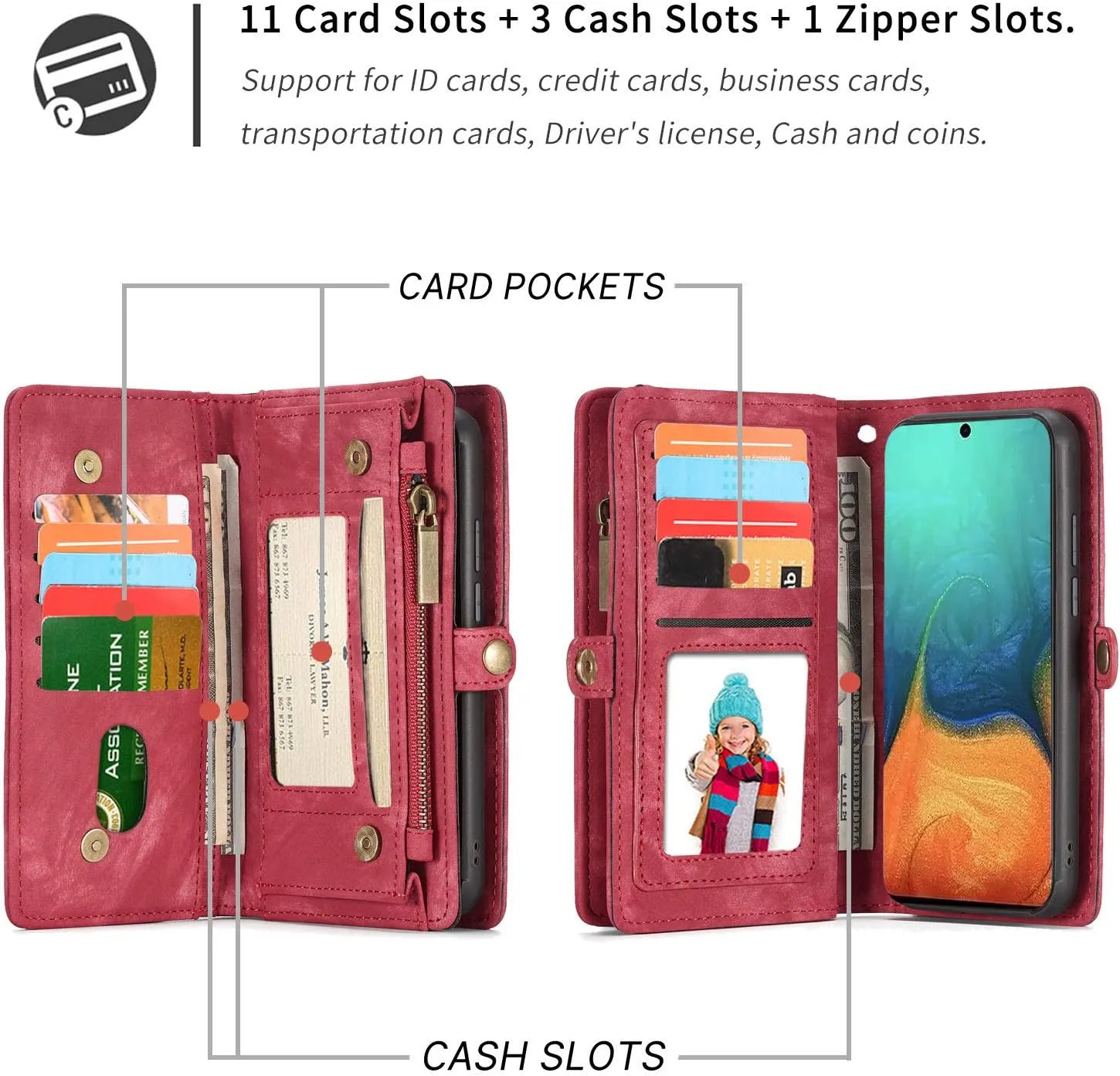 Samsung A71 5G Wallet Leather Case Detachable Magnetic Zipper Flip Case 11 Card Slots Holder Wrist Strap Handle Shockproof Cover Pocket Wallet Handbag for Samsung A71 5G (Red, A71 5G)
