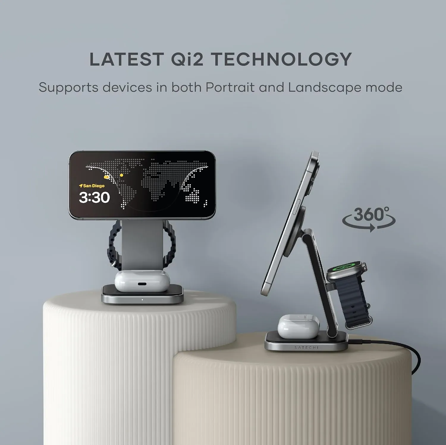Satechi 3 in 1 Wireless Charging Station, Qi2 15W Magnetic, Foldable Travel Charger Station for iPhone 16/15/14/13/12, Apple Watch Series 8/7/SE/6/5/Ultra and AirPods Pro/3/2