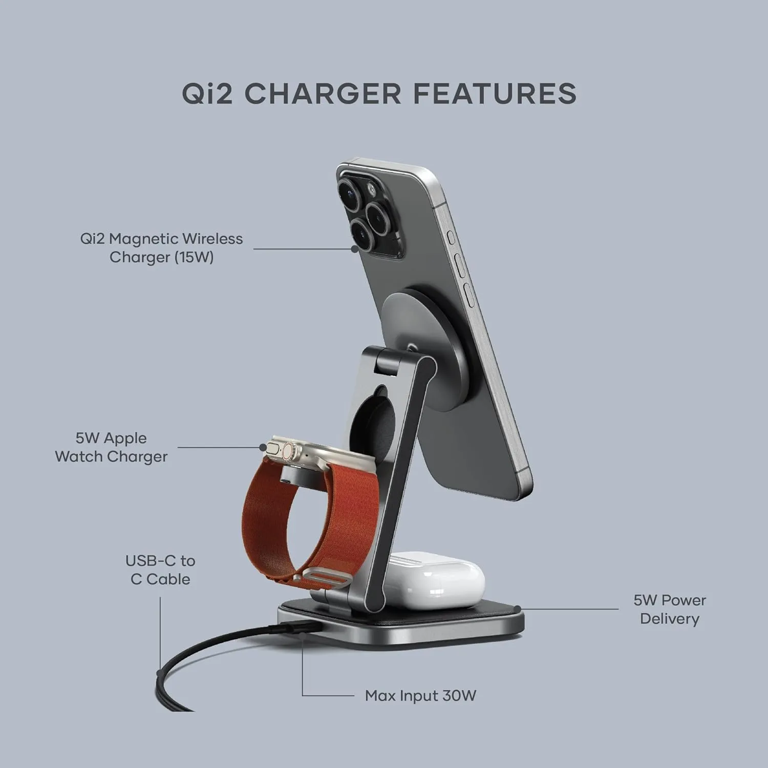 Satechi 3 in 1 Wireless Charging Station, Qi2 15W Magnetic, Foldable Travel Charger Station for iPhone 16/15/14/13/12, Apple Watch Series 8/7/SE/6/5/Ultra and AirPods Pro/3/2