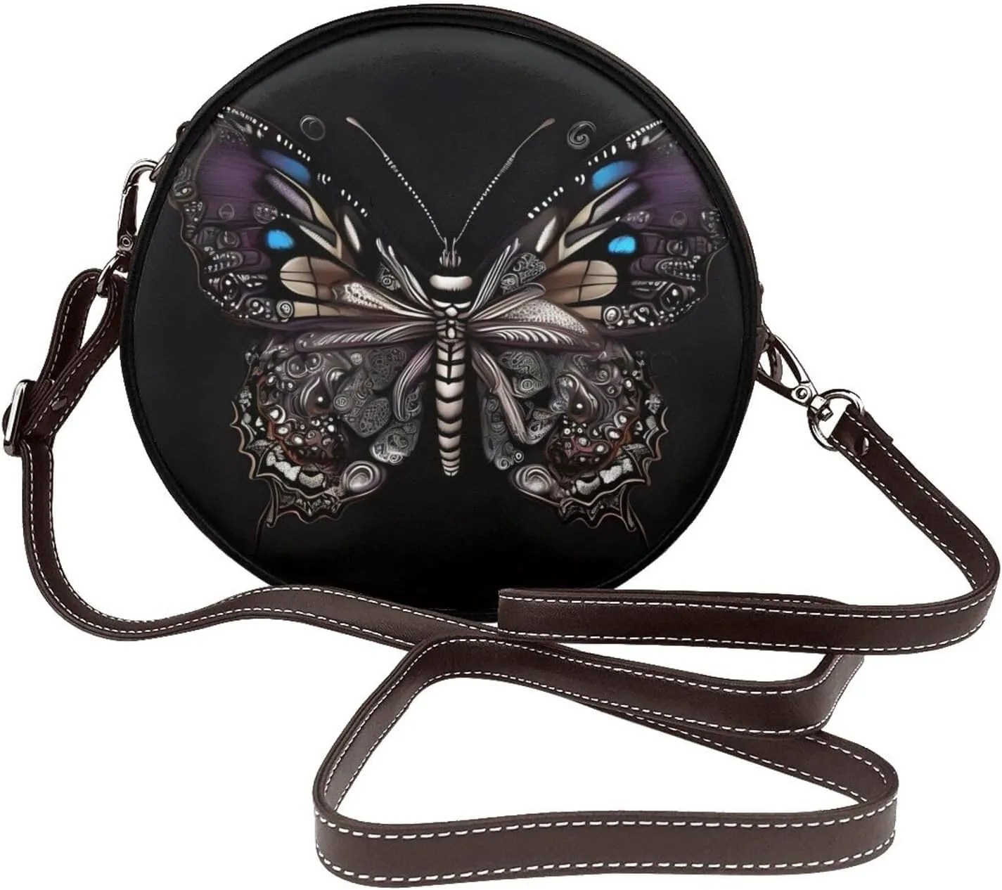 Science Butterfly Removable Shoulder Strap Waterproof Leather Shoulder Round Bag Crossbody Bag Travel Shopping Dating Handbag Purse