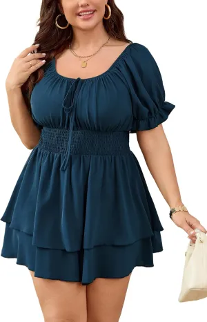 SCOMCHIC Women Plus Size Romper Dress Summer Short Jumpsuit Square Neck Puff Sleeve High Waist Ruffle Boho Jumpsuits