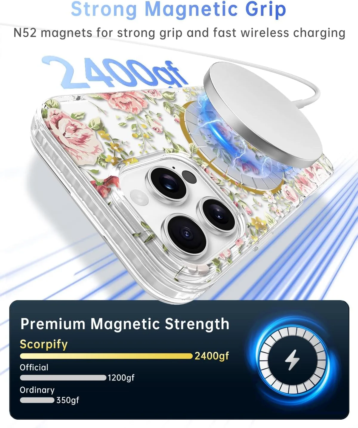 SCORPIFY for iPhone 16 Pro Case [Compatible with MagSafe] with Country Rose Floral Design, Cute Clear Flower Magnetic Phone Cover for Women Girls, [Non Yellowing] Slim Bumper with Gold Accents
