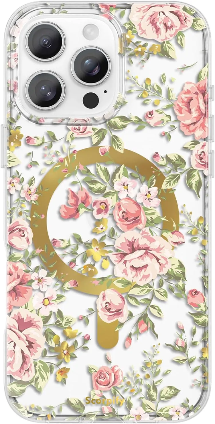 SCORPIFY for iPhone 16 Pro Case [Compatible with MagSafe] with Country Rose Floral Design, Cute Clear Flower Magnetic Phone Cover for Women Girls, [Non Yellowing] Slim Bumper with Gold Accents