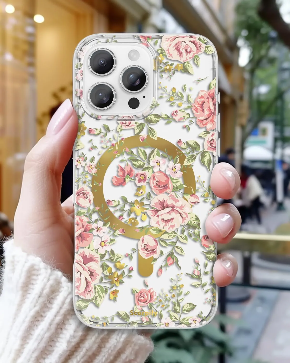 SCORPIFY for iPhone 16 Pro Case [Compatible with MagSafe] with Country Rose Floral Design, Cute Clear Flower Magnetic Phone Cover for Women Girls, [Non Yellowing] Slim Bumper with Gold Accents