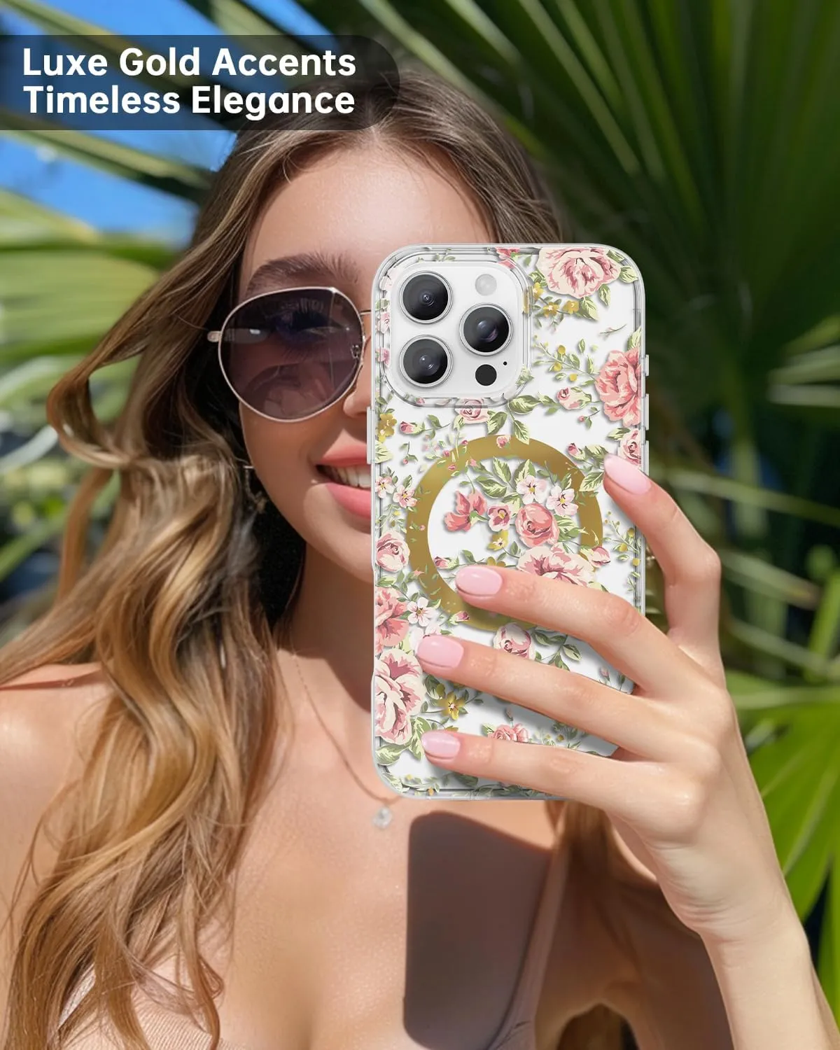 SCORPIFY for iPhone 16 Pro Case [Compatible with MagSafe] with Country Rose Floral Design, Cute Clear Flower Magnetic Phone Cover for Women Girls, [Non Yellowing] Slim Bumper with Gold Accents