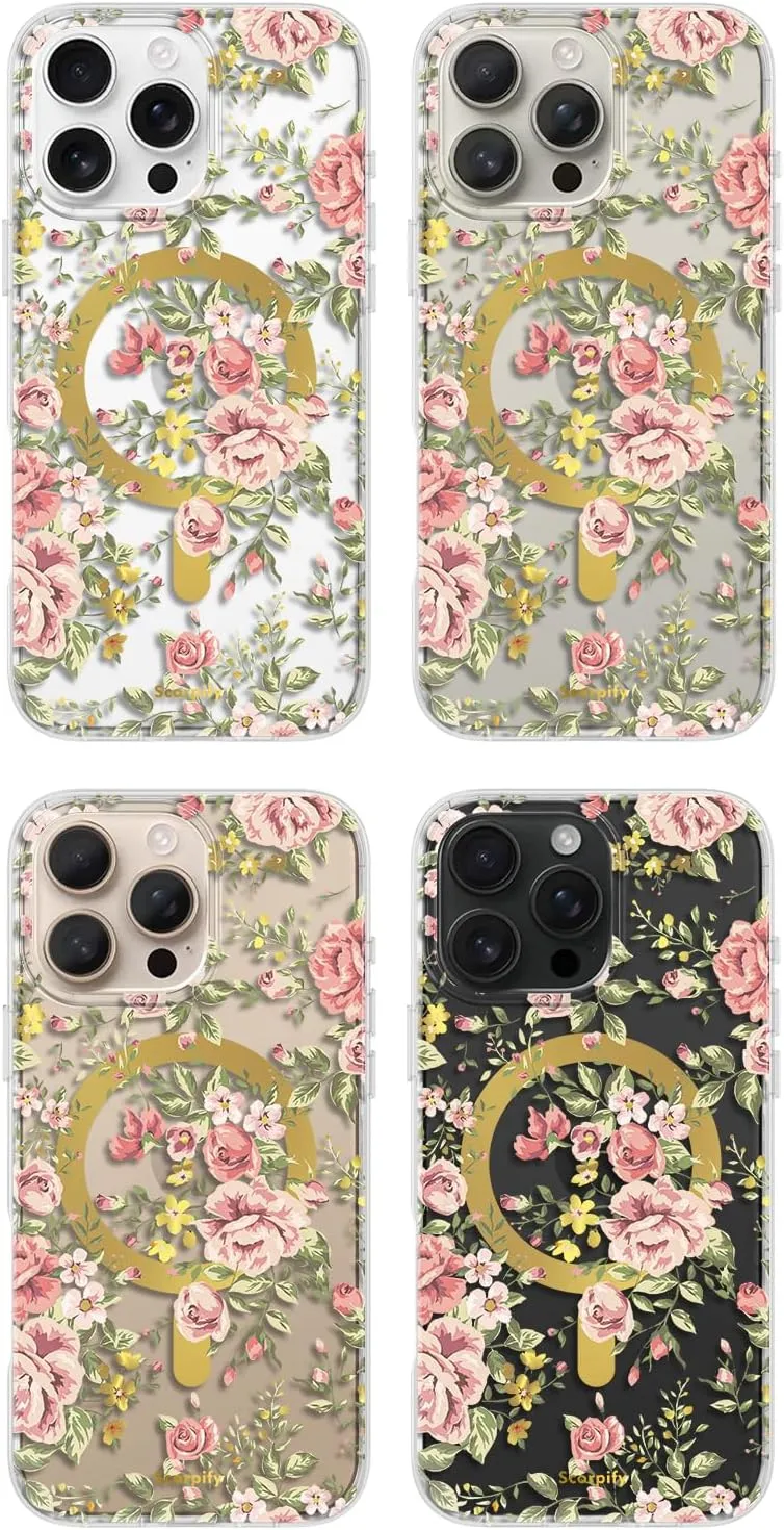 SCORPIFY for iPhone 16 Pro Case [Compatible with MagSafe] with Country Rose Floral Design, Cute Clear Flower Magnetic Phone Cover for Women Girls, [Non Yellowing] Slim Bumper with Gold Accents