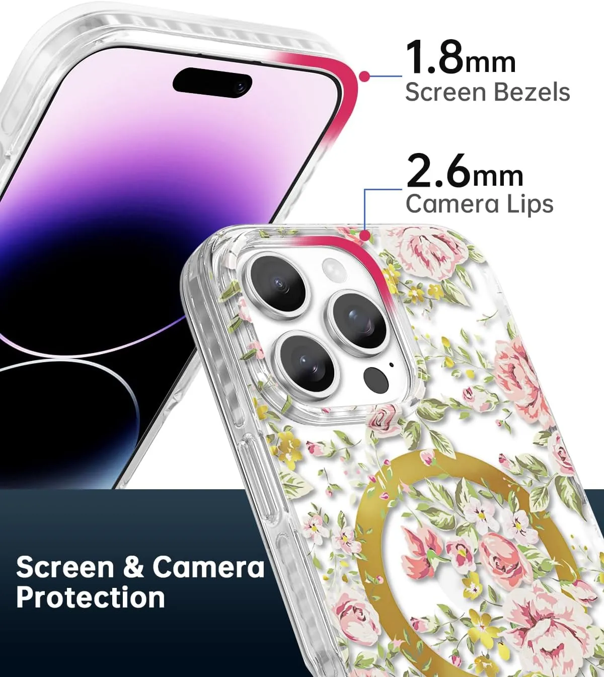 SCORPIFY for iPhone 16 Pro Case [Compatible with MagSafe] with Country Rose Floral Design, Cute Clear Flower Magnetic Phone Cover for Women Girls, [Non Yellowing] Slim Bumper with Gold Accents