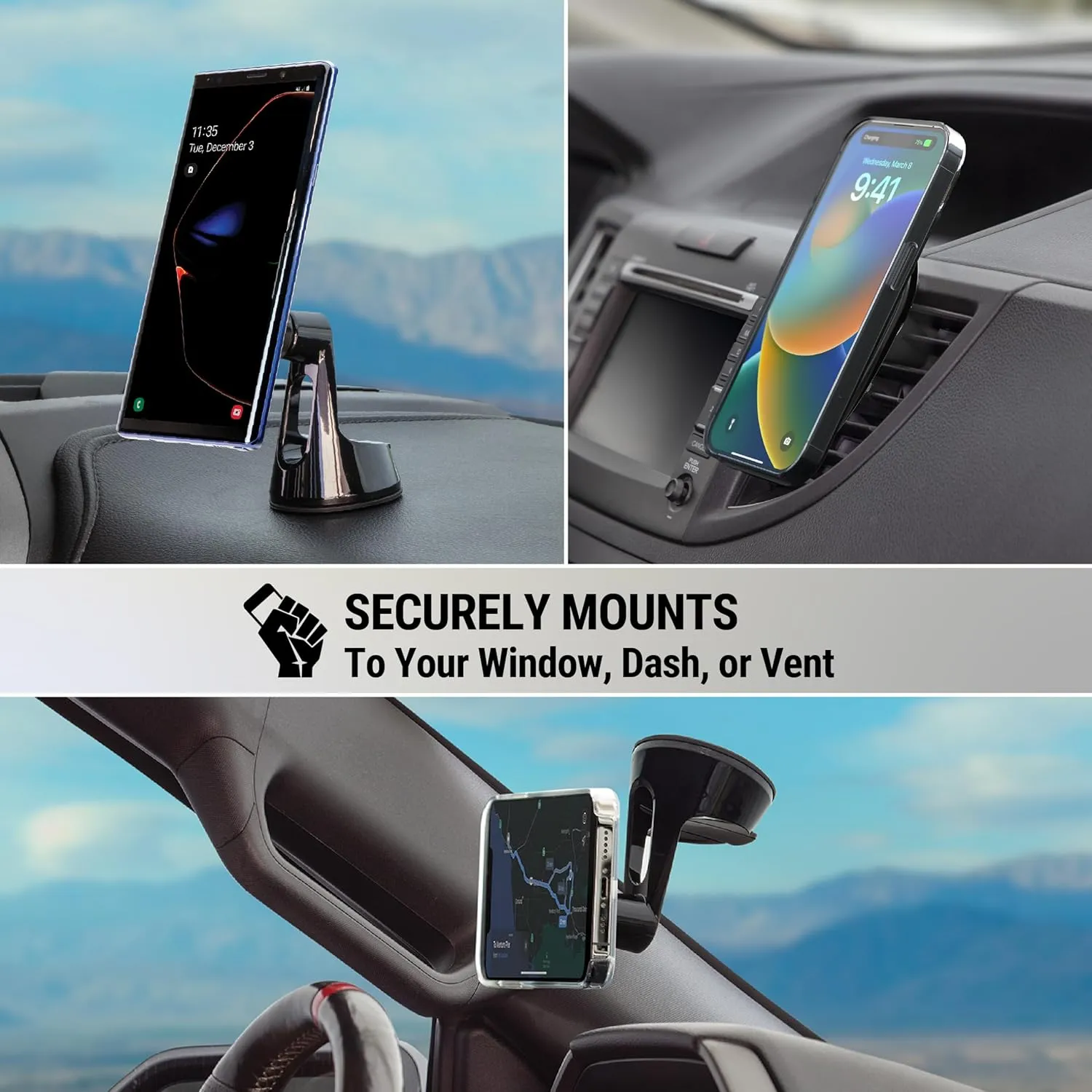 Scosche MagicMount Pro MS 3-in-1 Magnetic Phone Mount, Hands-Free Cell Phone Holder for Car Dashboard/Windshield/Vent Compatible with iPhone 16/15/14/13/12 Pro Pro Max Plus and Mag Safe Case