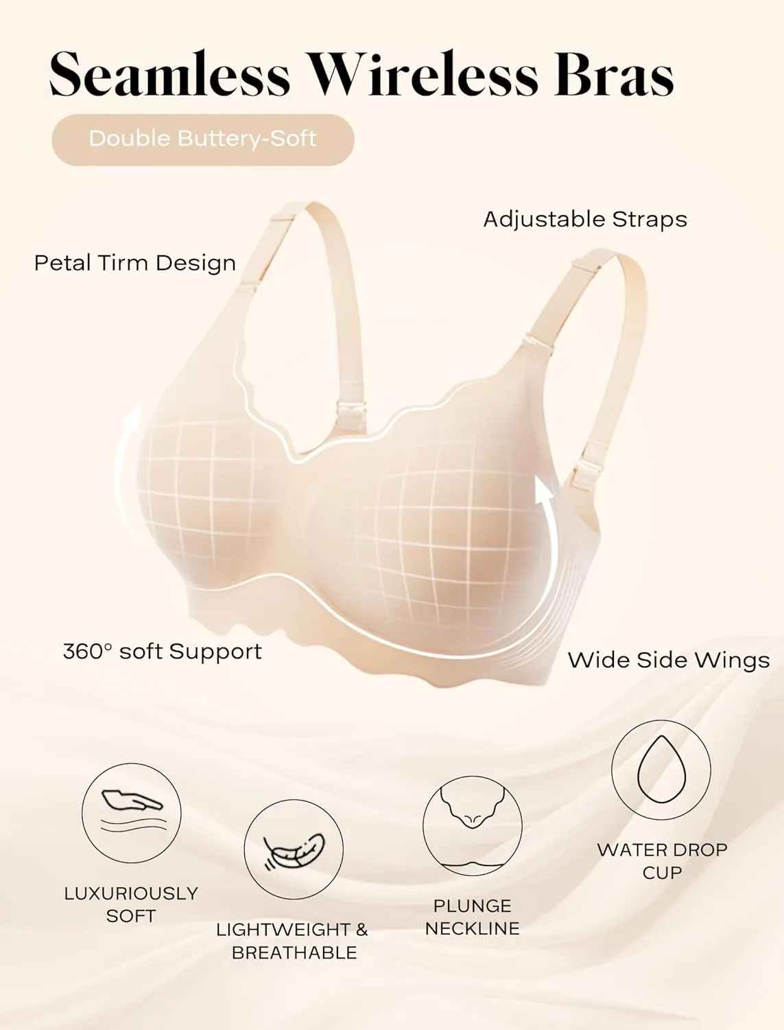 Seamless Wirefree Bra No Underwire Deep V Large Bust Women U-Shaped Back Lace Trim T-Shirt Bra